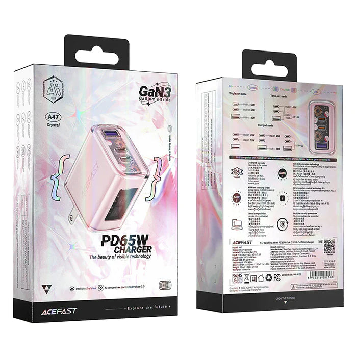 Cargador de pared de carga rápida Acefast A47 PD65W GaN Color Cherry Blossom (2xUSB-C + USB-A)