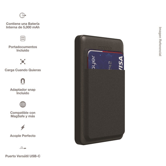 Powerbank inalámbrico con portadocumentos mophie snap+ juice pack mini compatible con MagSafe de 5,000mAh - Negro