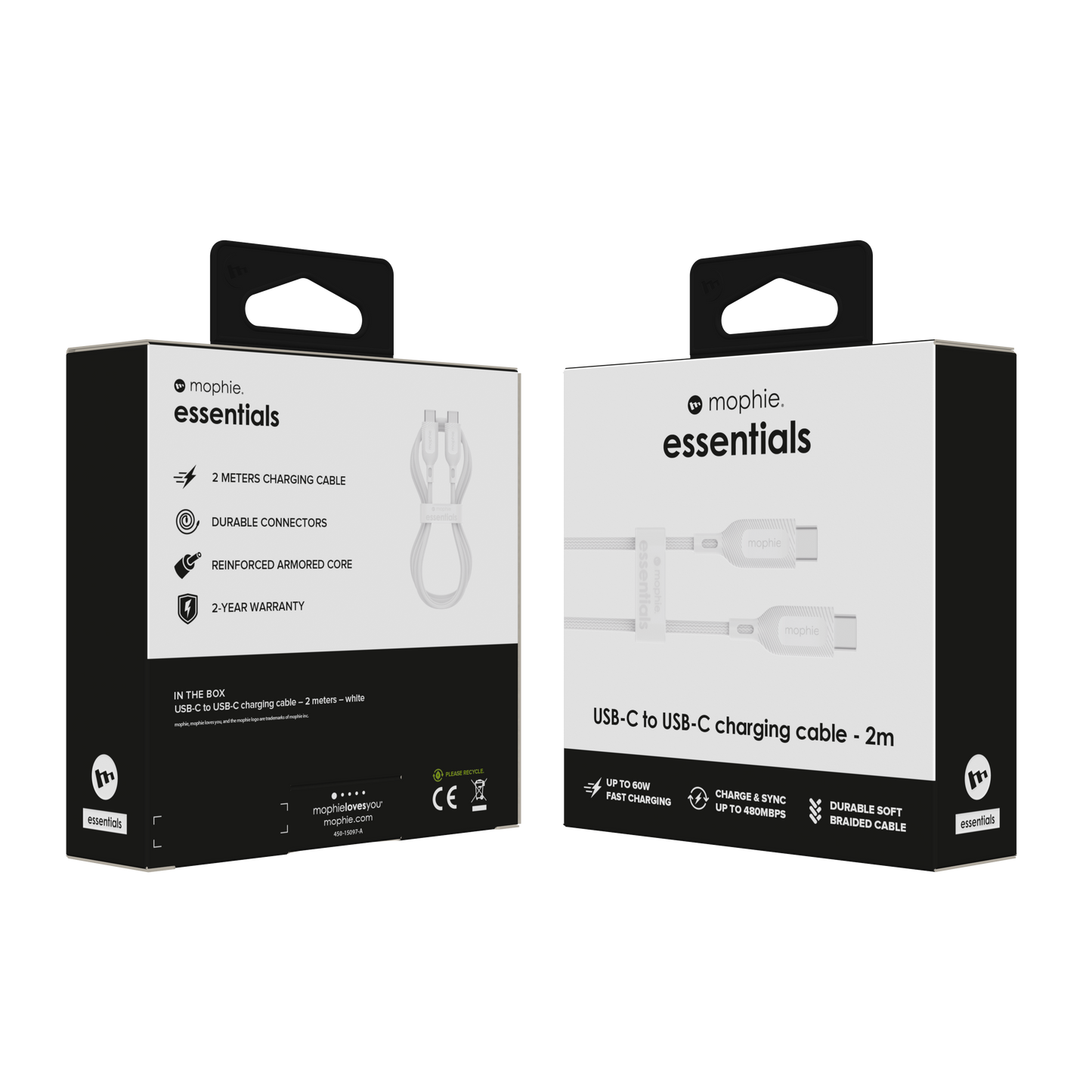 Cable de carga mophie USB-C a USB-C 2 metros hasta 60W de carga - Blanco