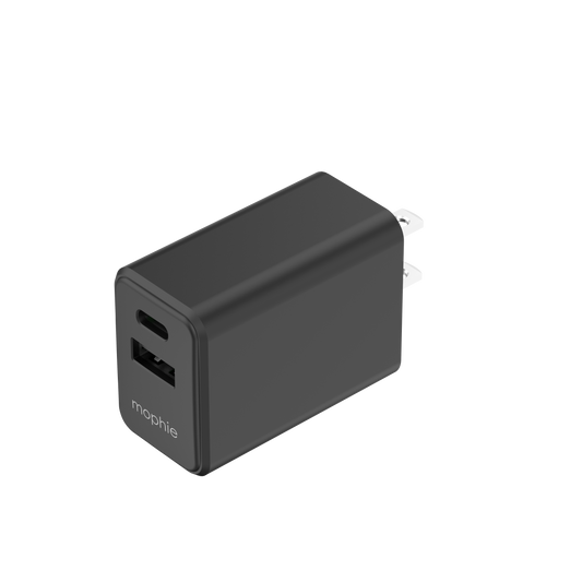 Cargador de pared mophie de 30W PD con puertos USB-C y USB-A Negro