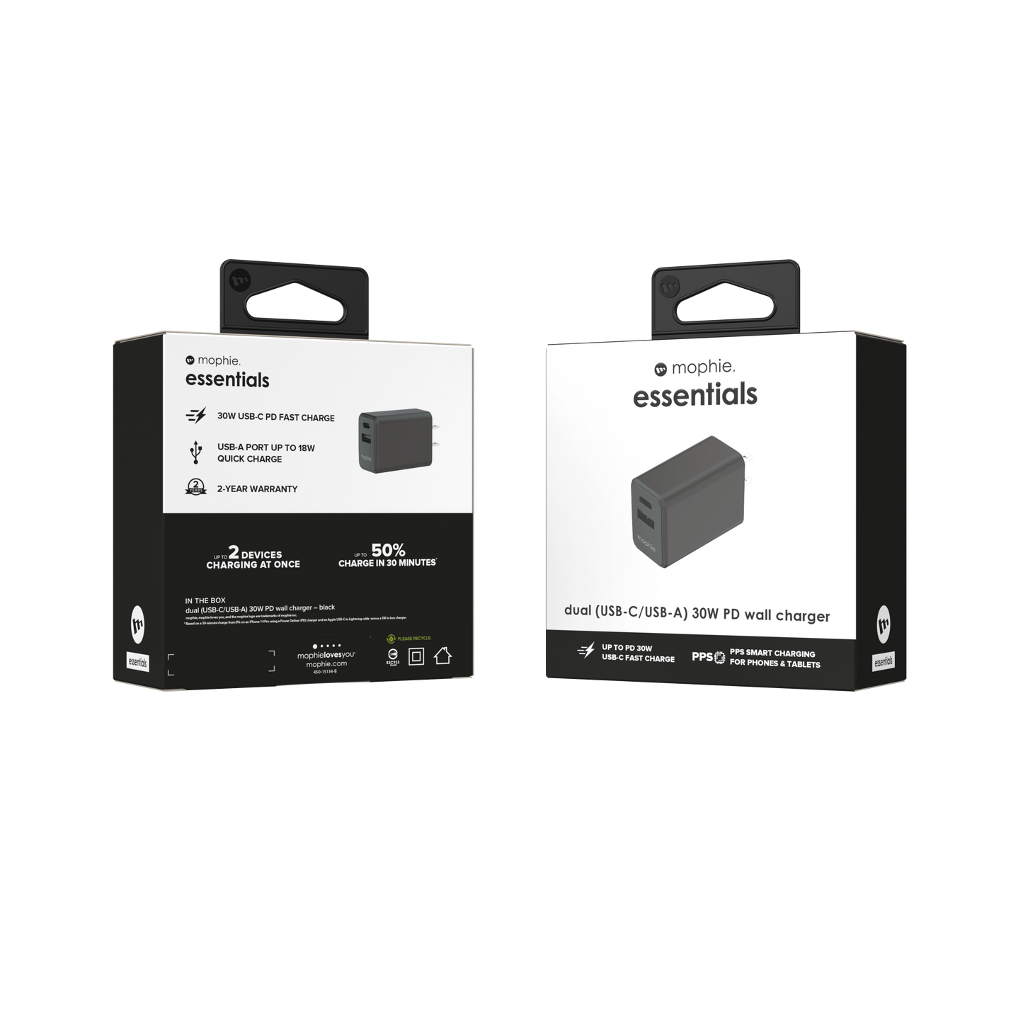 Cargador de pared mophie de 30W PD con puertos USB-C y USB-A Negro