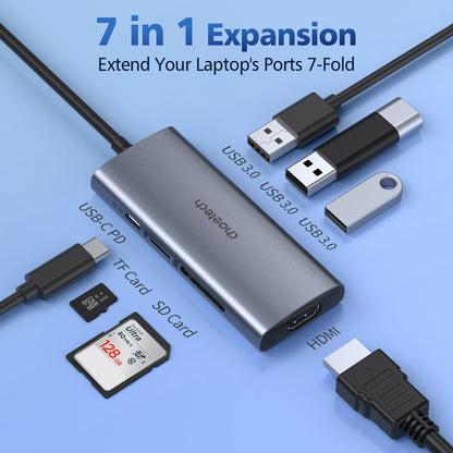 Adaptador Hub USB Tipo C 7 en 1 Choetech HDMI 4K PD 100W Laptop y Mac