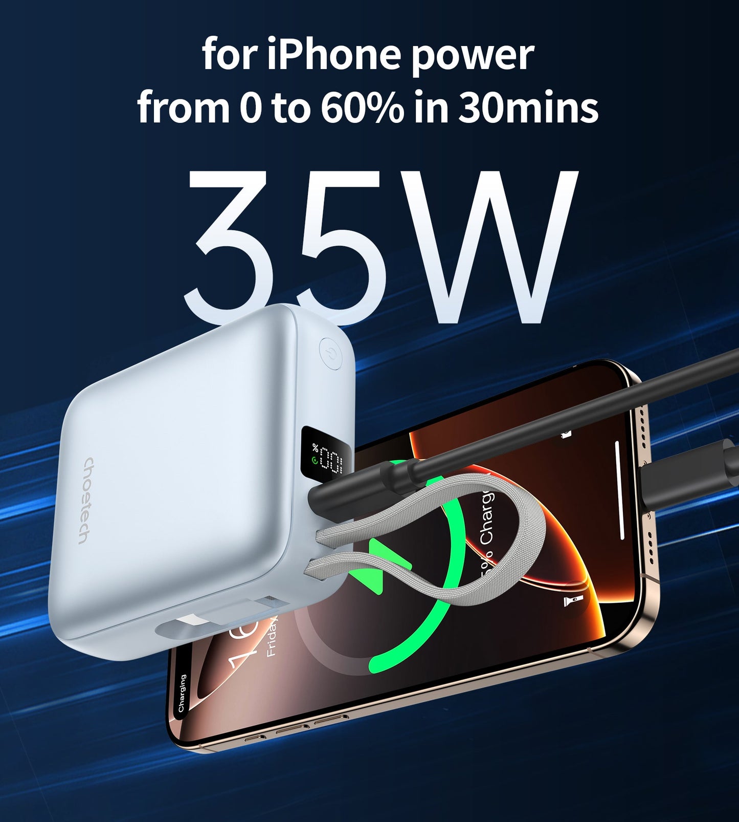 Power Bank Choetech 10000mAh 35W Mini Cargador Rápido USB-C Celeste