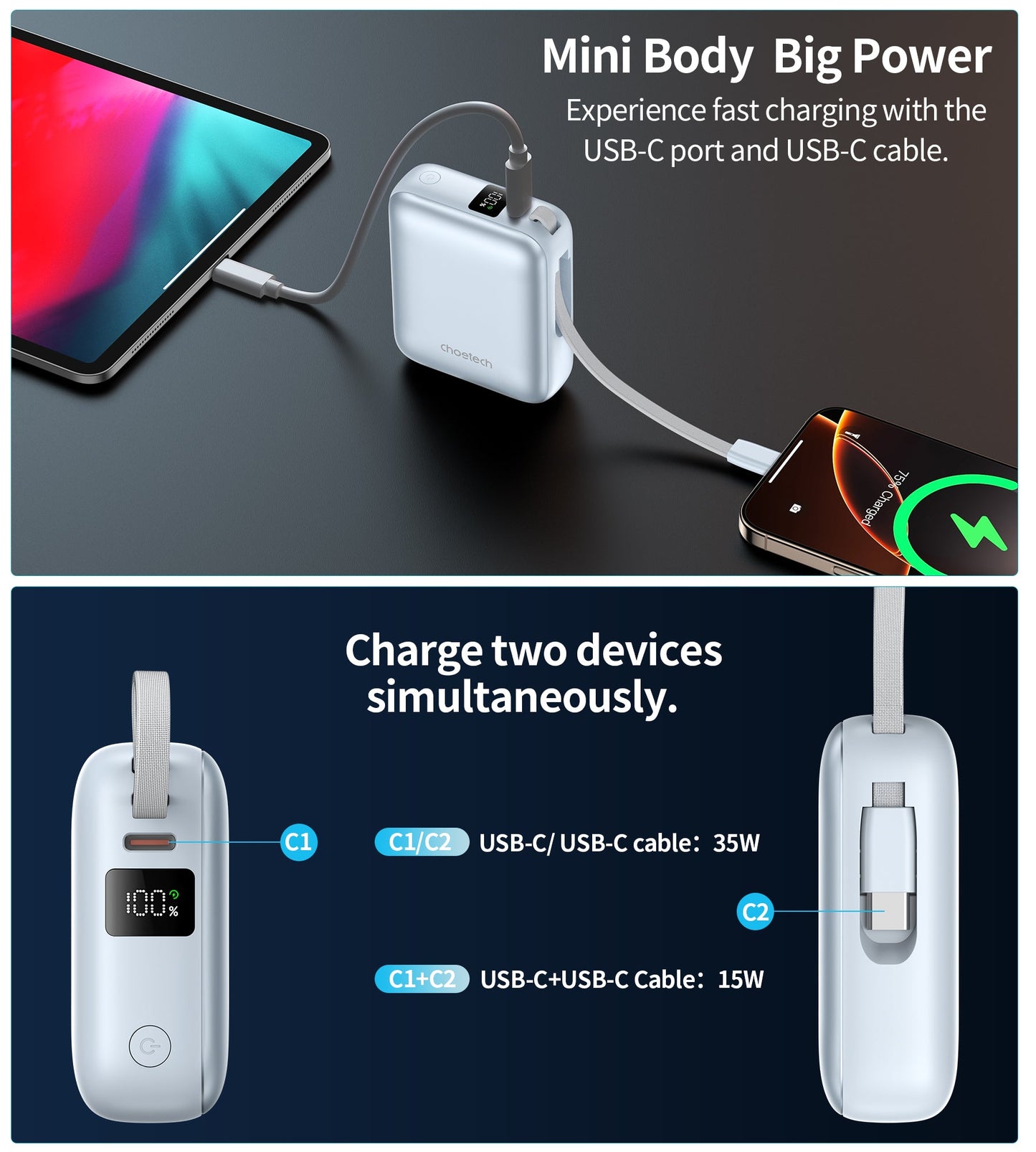 Power Bank Choetech 10000mAh 35W Mini Cargador Rápido USB-C Celeste
