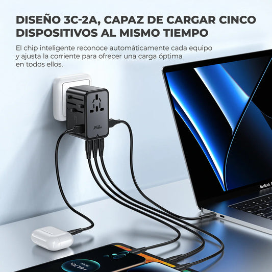Adaptador de viaje Acefast GaN 75W 3xUSBC +2xUSBA +1xAC Multifuncional