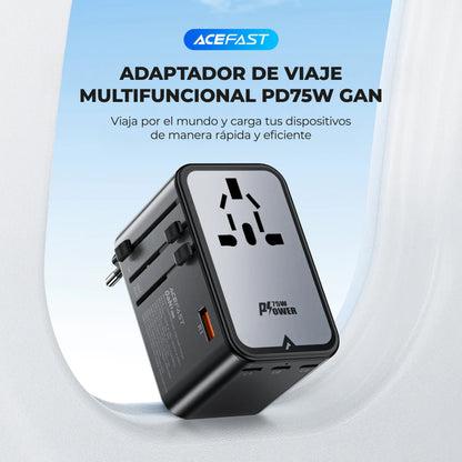 Adaptador de viaje Acefast GaN 75W 3xUSBC +2xUSBA +1xAC Multifuncional