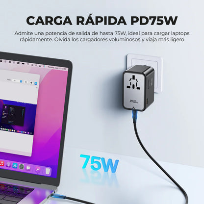 Adaptador de viaje Acefast GaN 75W 3xUSBC +2xUSBA +1xAC Multifuncional