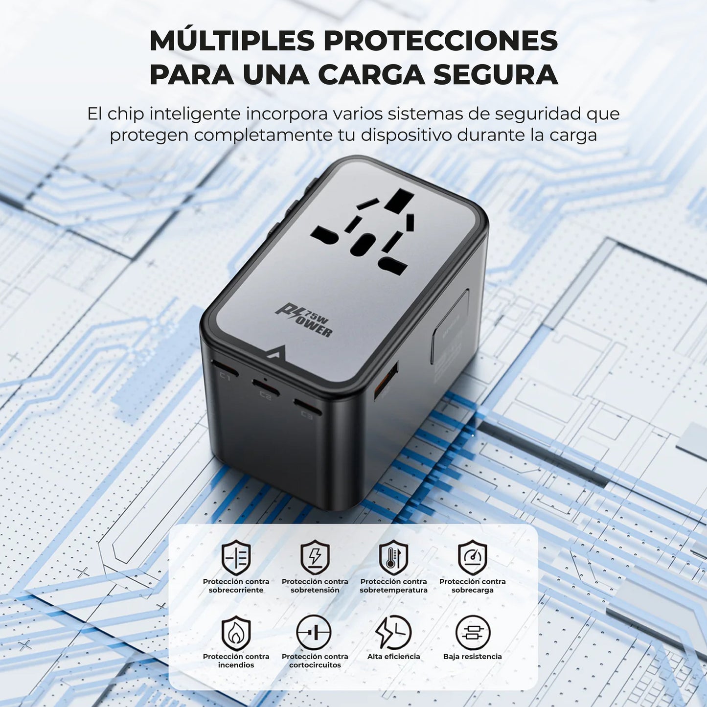 Adaptador de viaje Acefast GaN 75W 3xUSBC +2xUSBA +1xAC Multifuncional