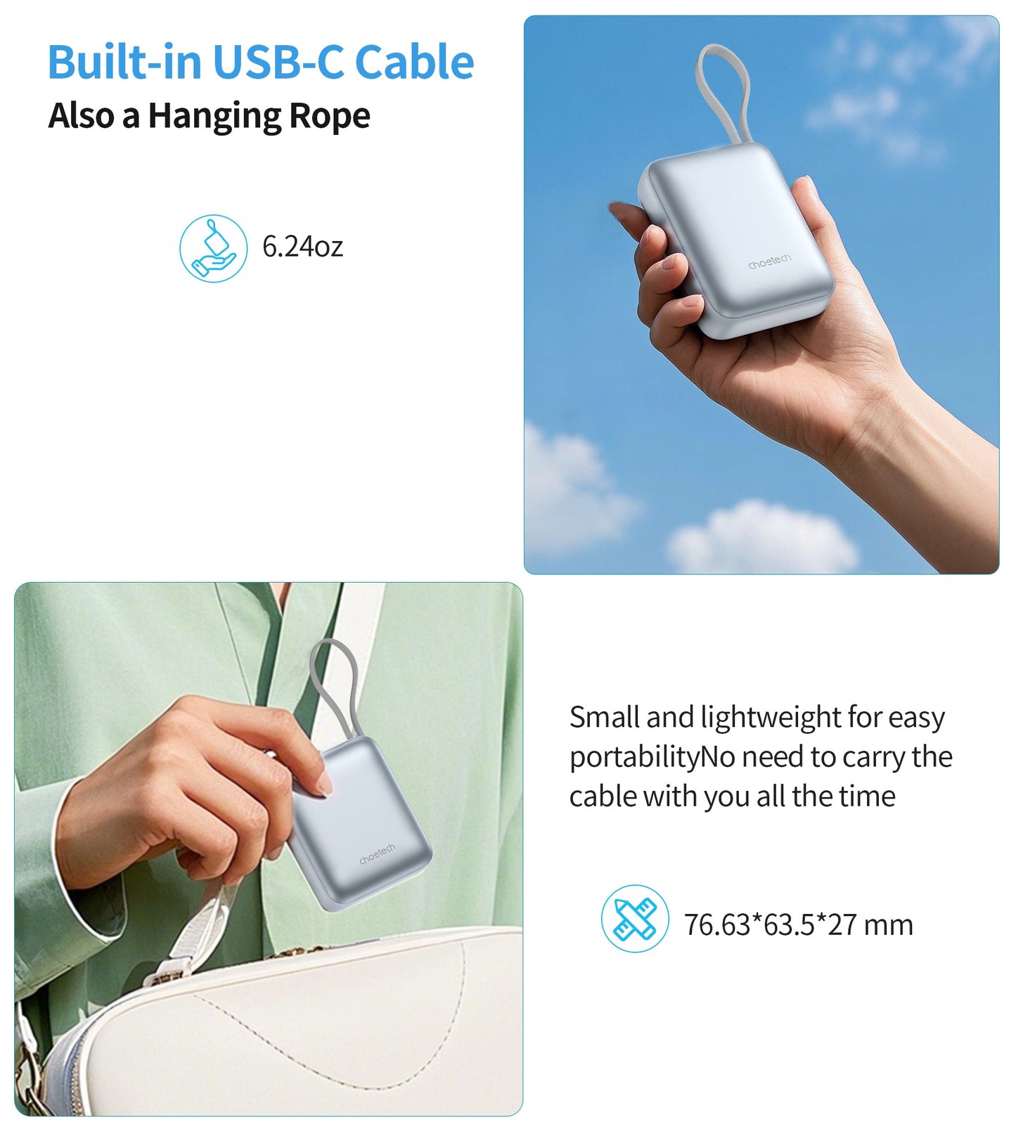 Power Bank Choetech 10000mAh 35W Mini Cargador Rápido USB-C Celeste