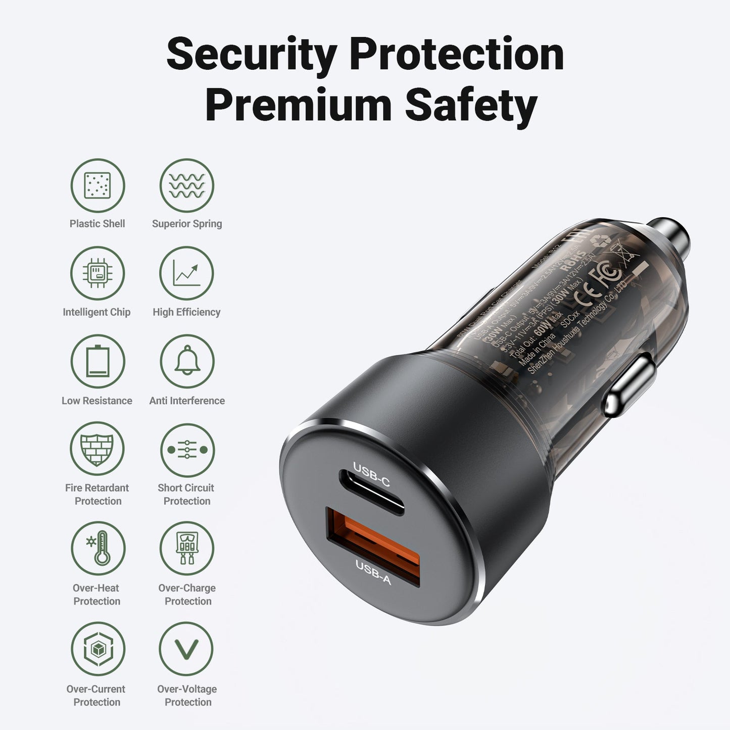 Cargador de Auto Acefast 60W USB-A + USB-C Carga Rápida