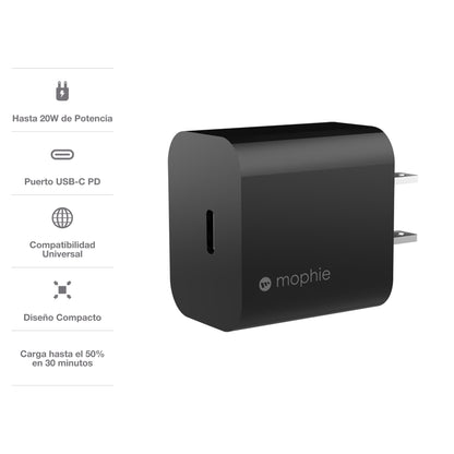 Cargador de Pared mophie con puerto USB-C PD de 20W para celulares y tabletas - Negro