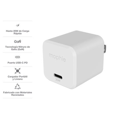 Cargador de Pared mophie USB-C de carga rápida GaN hasta 20W para smartphones y tabletas