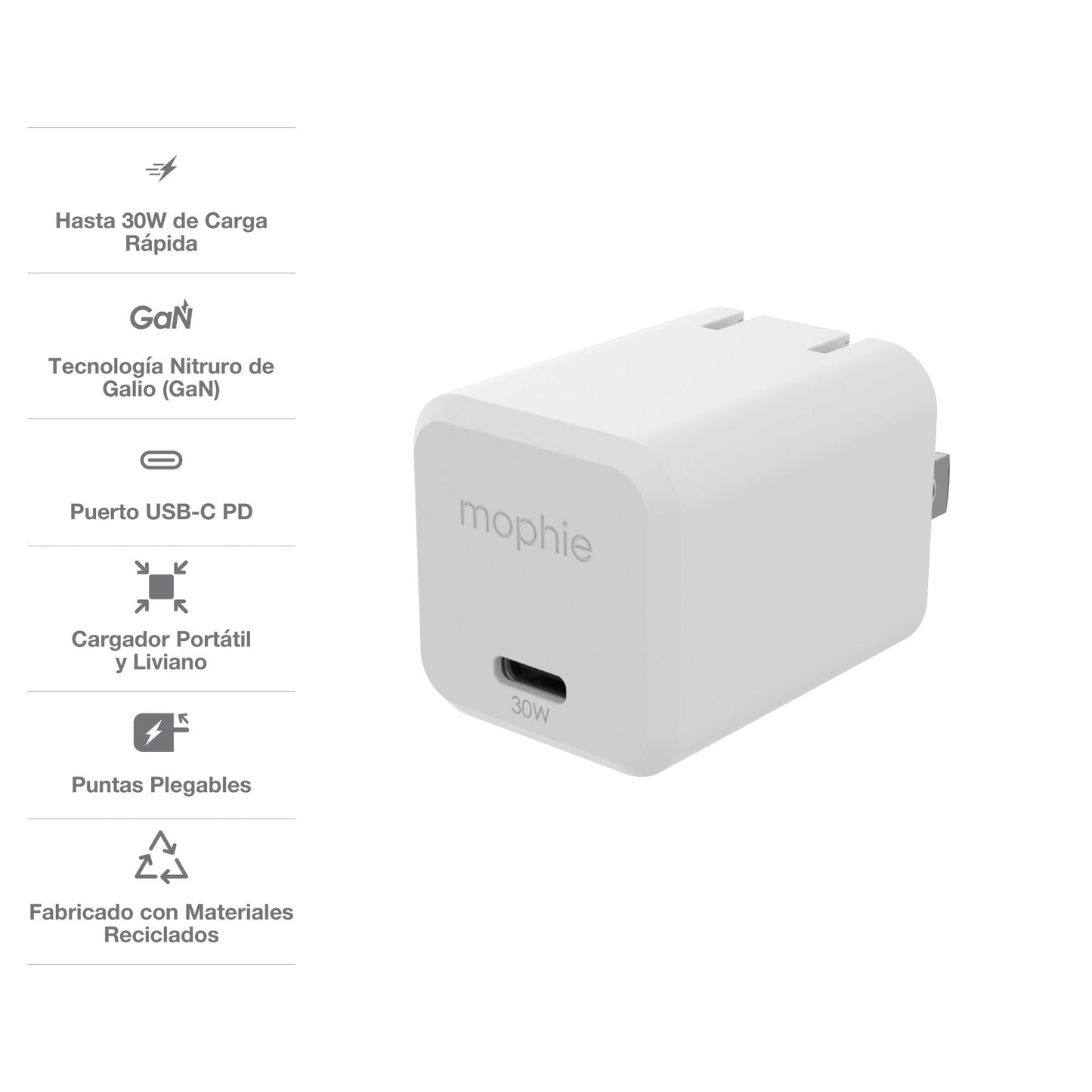 Cargador de Pared mophie USB-C de carga rápida GaN hasta 30W para smartphones, tabletas y notebooks - Blanco
