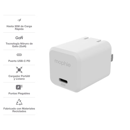 Cargador de Pared mophie USB-C de carga rápida GaN hasta 30W para smartphones, tabletas y notebooks - Blanco