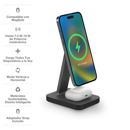 Soporte de carga inalámbrica y base mophie snap+ compatible con MagSafe de hasta 15W - Negro