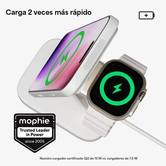 Base de carga inalámbrica mophie 2 en 1 con certificación Qi2 para iPhone y Apple Watch