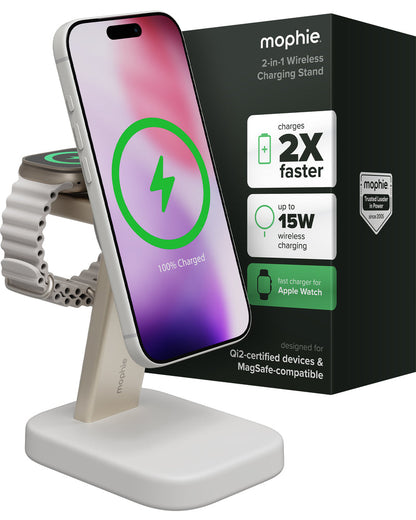 Base de carga inalámbrica mophie 2 en 1 con certificación Qi2 para iPhone y Apple Watch