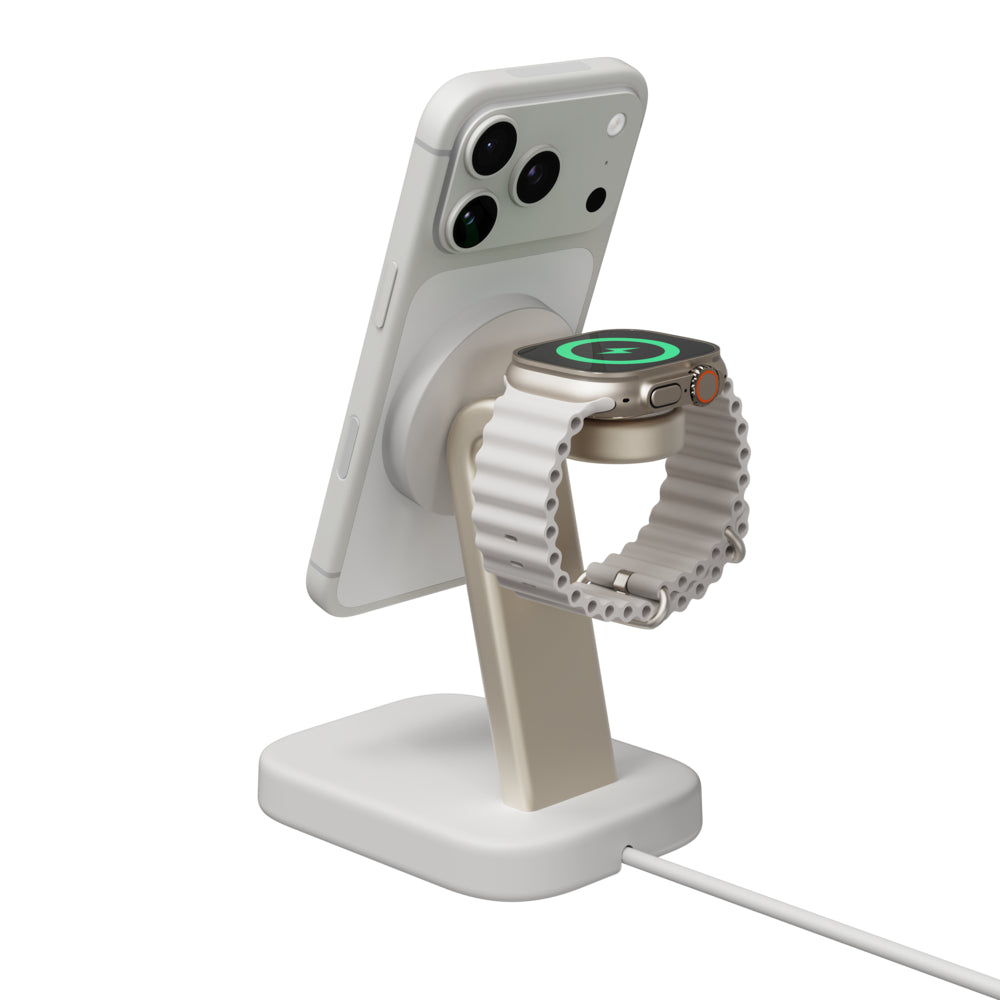 Base de carga inalámbrica mophie 2 en 1 con certificación Qi2 para iPhone y Apple Watch