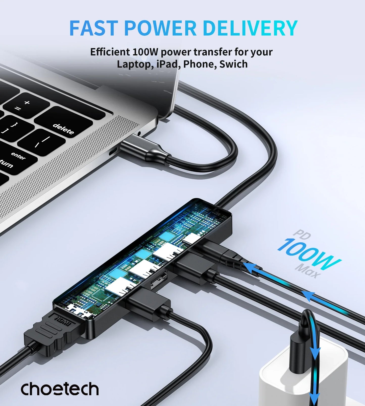 Adaptador Hub USB Tipo C 5 en 1 Choetech HDMI 4K PD 100W Laptop y Mac