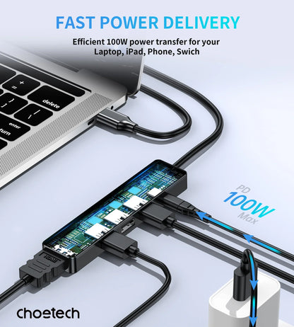 Adaptador Hub USB Tipo C 5 en 1 Choetech HDMI 4K PD 100W Laptop y Mac