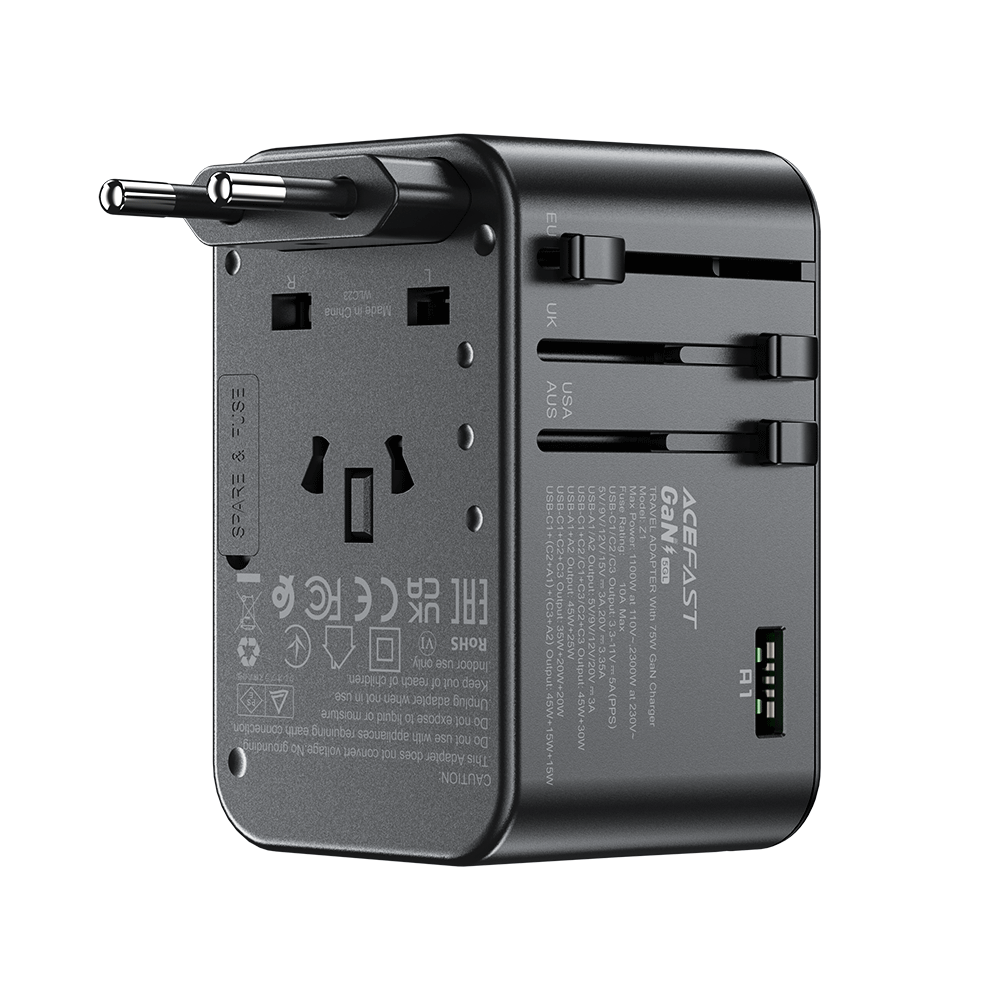 Adaptador de viaje Acefast GaN 75W 3xUSBC +2xUSBA +1xAC Multifuncional